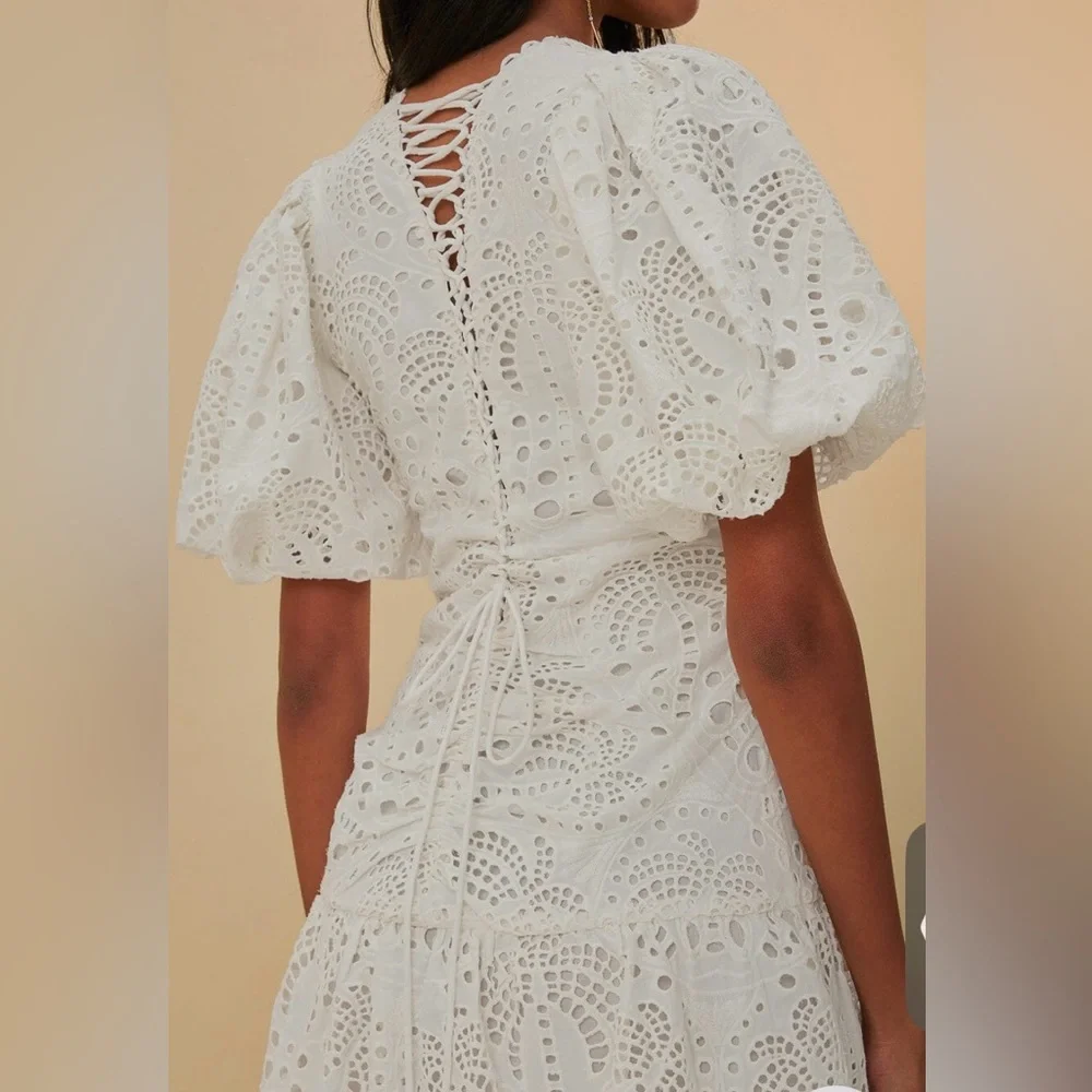 NEW FARM RIO White Cotton Eyelet Puff Sleeve Midi Dress Small - Picture 5 of 6